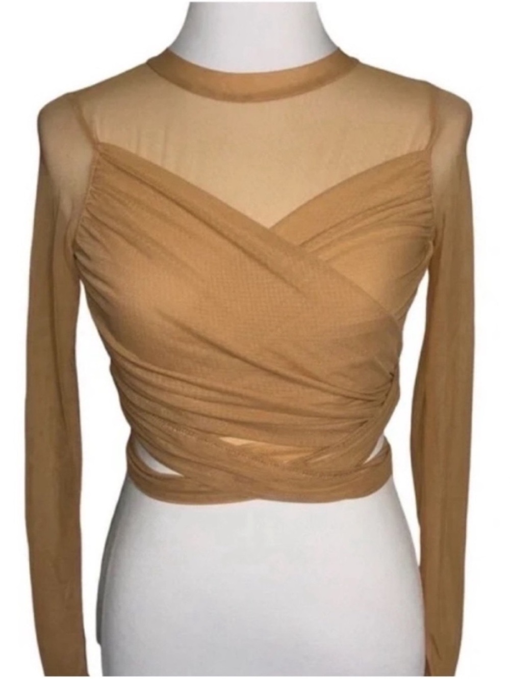 12TH TRIBE Sheer Mesh Wrap Blouse with elegant Drape Tan Size Small